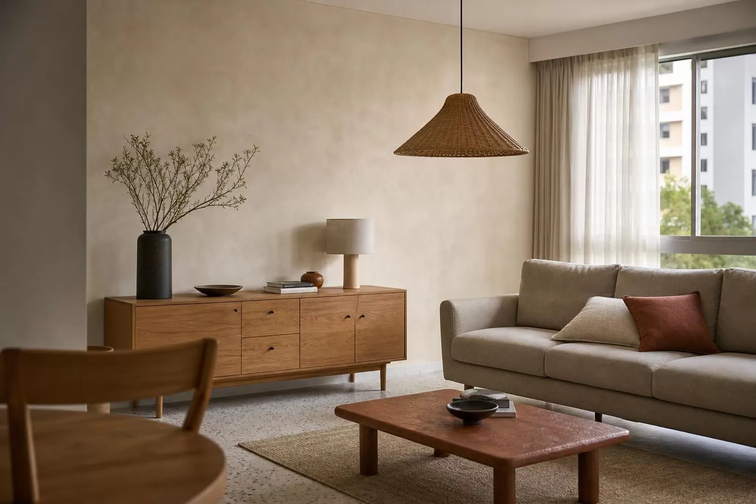 Kh&ocirc;ng gian ph&ograve;ng kh&aacute;ch ho&agrave;n thiện sơn v&ocirc;i Lime Paint t&ocirc;ng ấm