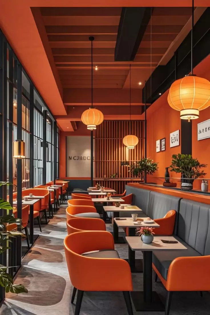 Mẫu qu&aacute;n cafe hiện đại sử dụng t&ocirc;ng m&agrave;u cam