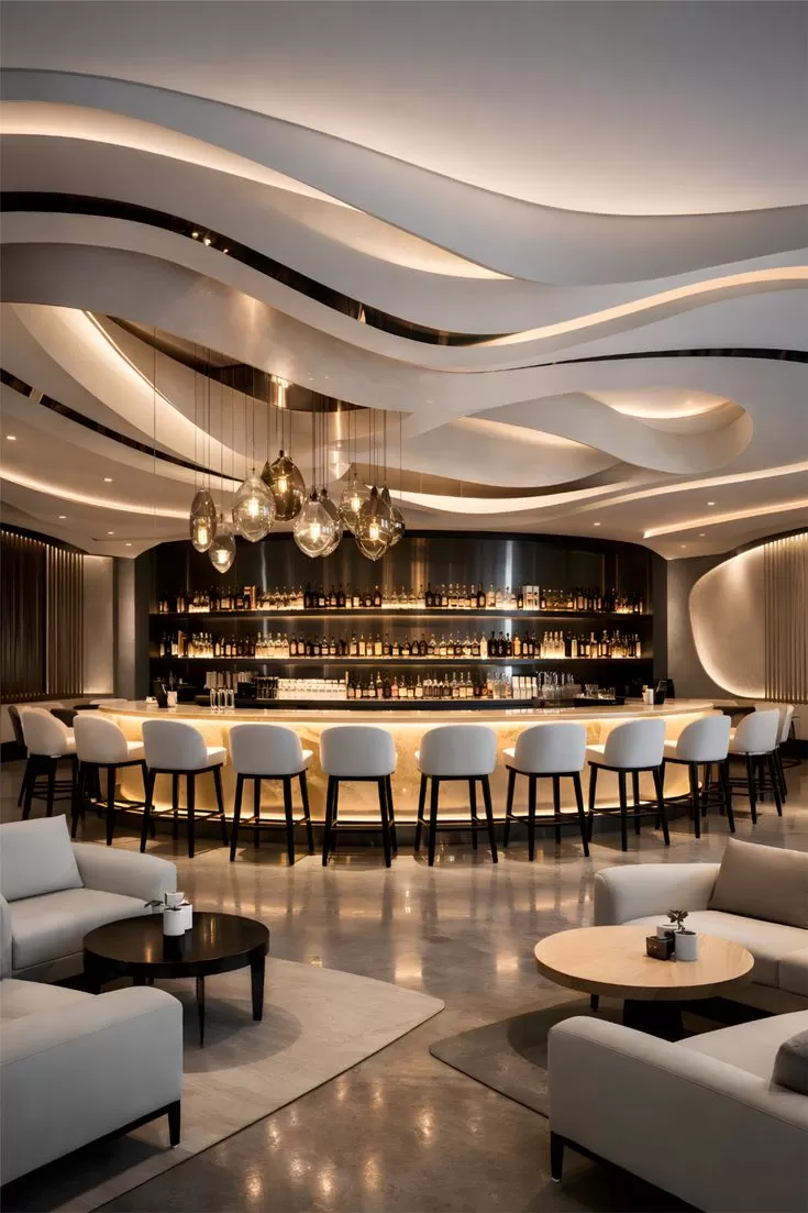 Mẫu quầy bar nh&agrave; h&agrave;ng hiện đại sử dụng đường cong