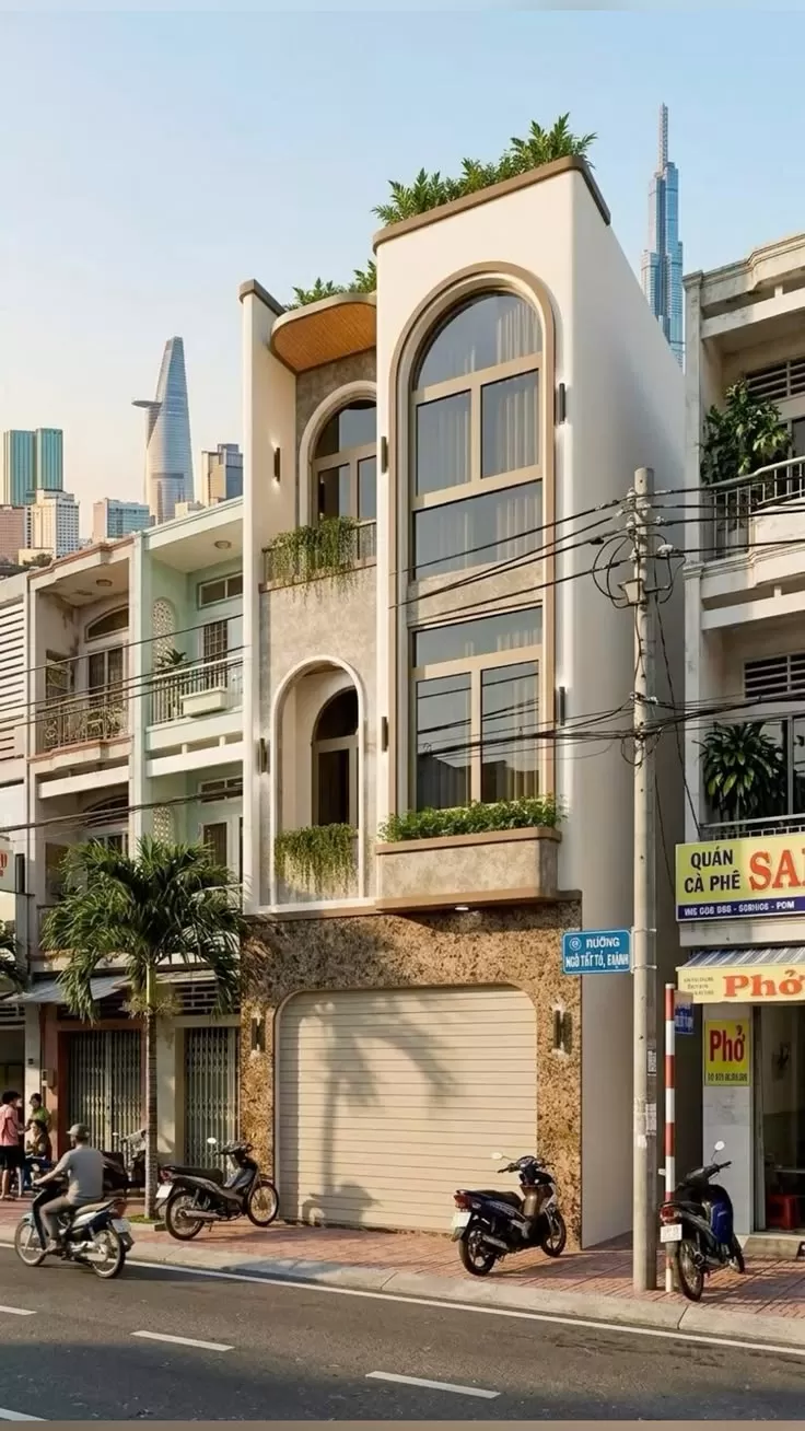 Mẫu nh&agrave; phố hiện đại mặt tiền hẹp c&oacute; cửa v&ograve;m