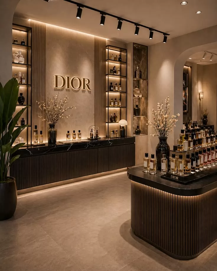 C&ocirc;ng tr&igrave;nh showroom mỹ phẩm t&ocirc;ng n&acirc;u ấm do Durastone thi c&ocirc;ng